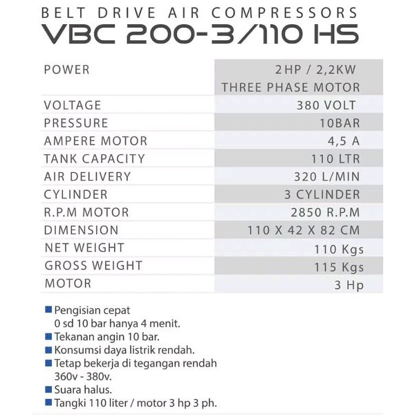 Kompressor Angin MULTIPRO VBC 200-3 110HS Original Multipro Garansi Resmi 1 Tahun