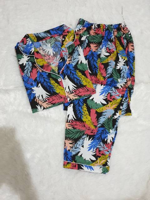 Baju Tidur Piyama Wanita/Cewek Pajamas Dewasa Katun Motif Daun Pastel