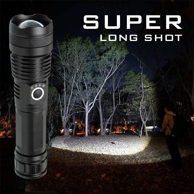 Senter LED Superterang Senter Led Super LongShot USB Malam Hari Recharge XHP50 1x18650 + EU Adaptor