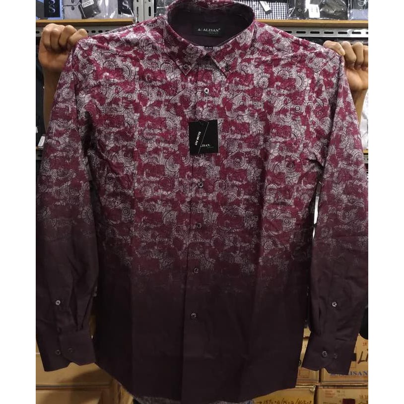 BEST SELER KEMEJA PRIA PRINTING ALISAN PANJANG SLIMFIT SEMI BATIK MERAH ABU ARSIR - MAROON, S
