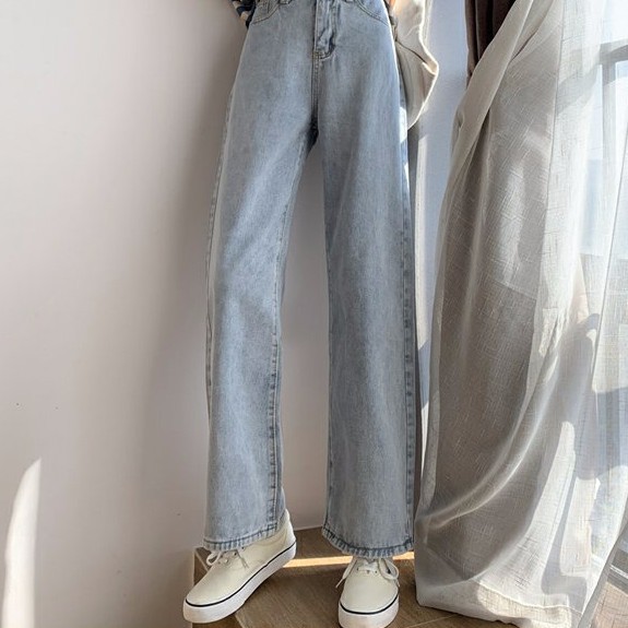 Celana panjang Wanita denim jeans loose high waist straight pants