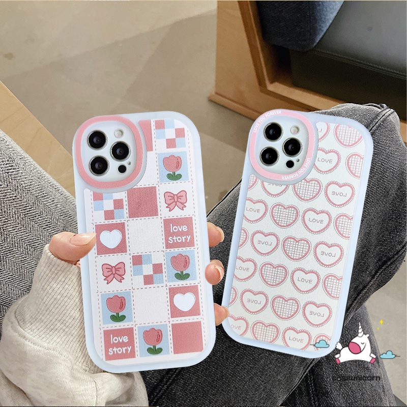 Soft Flower Case Realme C55 C15 C30 C53 8i 5 10 Pro Plus C25S C12 C21 C20A C20 C35 C31 C17 C1 C25 GT C3 5i 6i 8 7i 5S 8Pro C21Y Tahan Guncangan Cinta Hati Kotak-Kotak Lensa Oval Telepon She