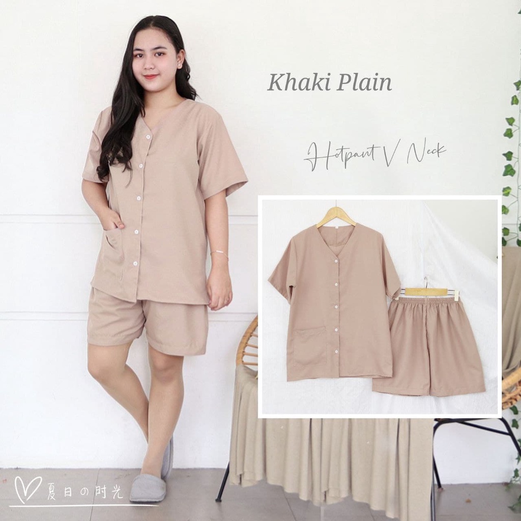 IZANY Piyama Dewasa Hotpant V Neck all size  / HP Celana Pendek  PLAIN Polos-KHAKI PLAIN
