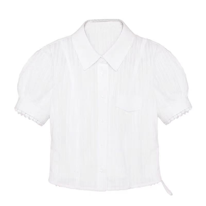 Red Desain Kaos Putih Wanita Crop T-Shirt Wanita Sense Kecil Perancis Bubble-Sleeve Strap Lengan Pendek