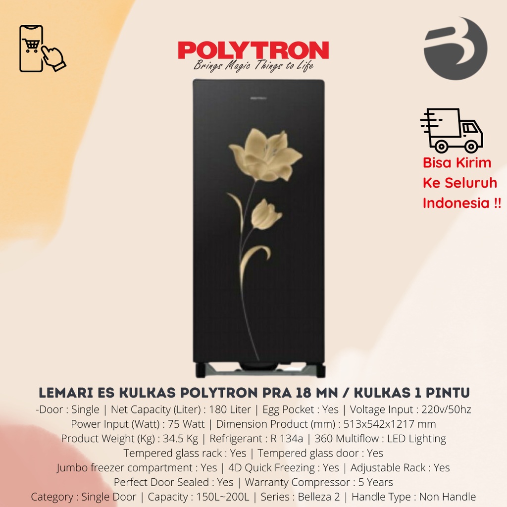 LEMARI ES KULKAS POLYTRON PRA 18 MN / KULKAS 1 PINTU POLYTRON