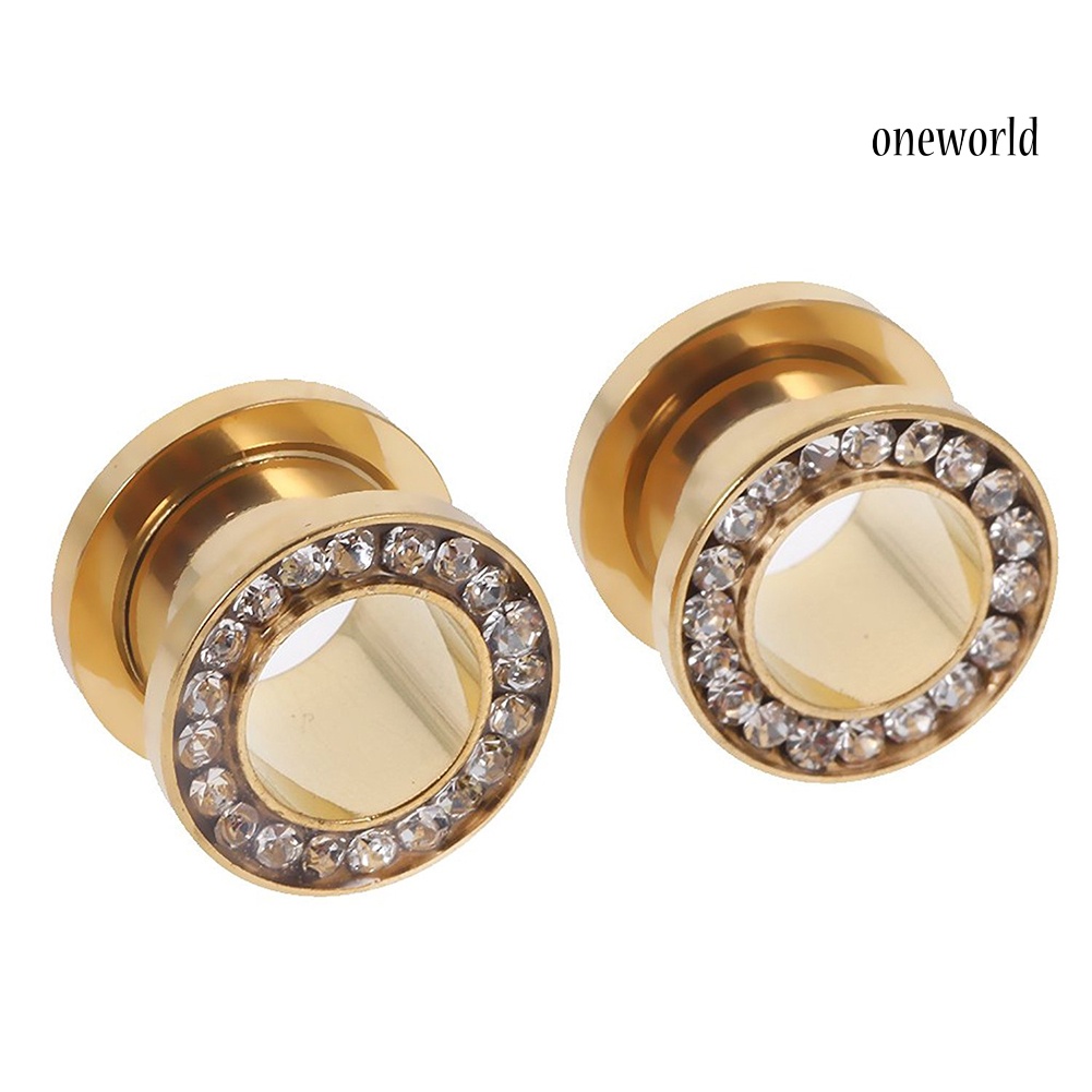 OW@ 1Pc Stainless Steel Rhinestone Inlaid Plating Ear Plug Earring Piercing Jewelry