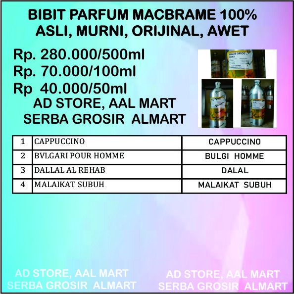 bibit biang parfum murni macbrame asli original 50ml capucino bulgari pour home dalal malaikat subuh