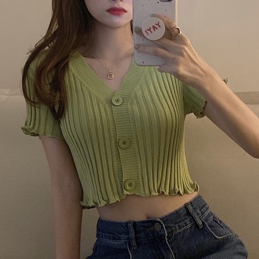 Korean Knit V-Neck Button Crop Top Atasan Wanita Rajut Kancing  2604