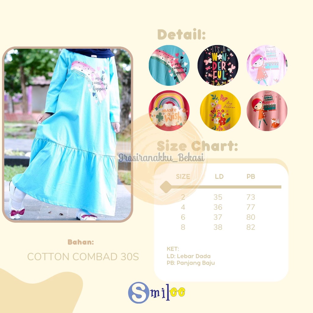 Gamis Kaos Anak Aplikasi Sablon Mix Warna Size 2-8Th