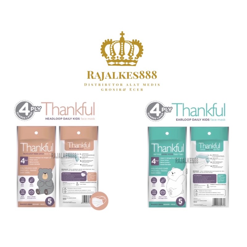 Masker THANKFUL Mask 4 ply Earloop/ Headloop Daily Masker Dewasa Anak Sachet isi 5pc