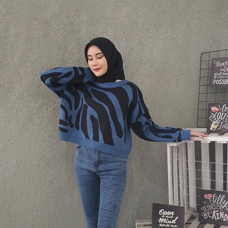 CREW NECK ZEBRA / SWEATER RAJUT PREMIUM / BAJU RAJUT / ATASAN CROP RAJUT TERBARU TEBAL