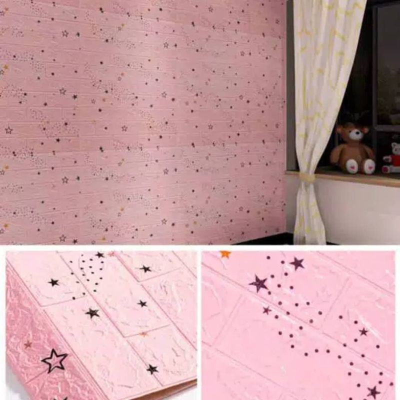 wallpaper foam premium 3D permukaan timbul motif bata pink Bintang