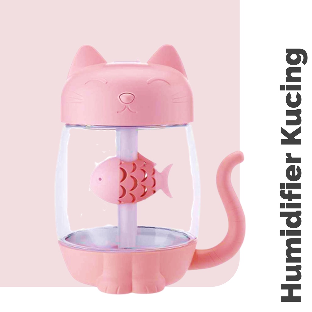 3 in 1 Humidifier 350ml Karakter Kucing Kitty Lucu Pink Transparan Ikan Di Dalam Perut