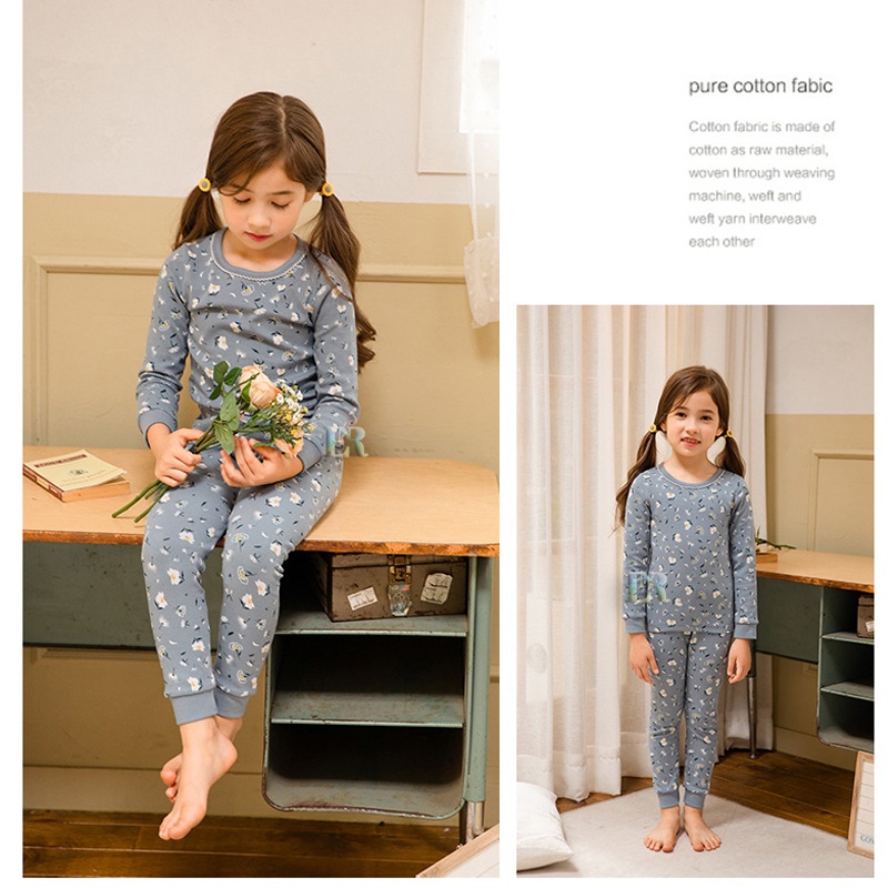 LNR Shop PA-005 PA-006 Setelan Import Baju Anak Perempuan Motif Bunga Navy Blue Girls Pajamas 95% Bahan Katun Halus Lembut Tebal Baju Celana Panjang Baju Tidur Terbaru 2021 HYTS