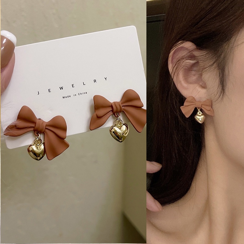 Anting Tusuk Gantung Bahan Sterling Silver 925 Desain Hati + Pita Gaya Korea Untuk Wanita