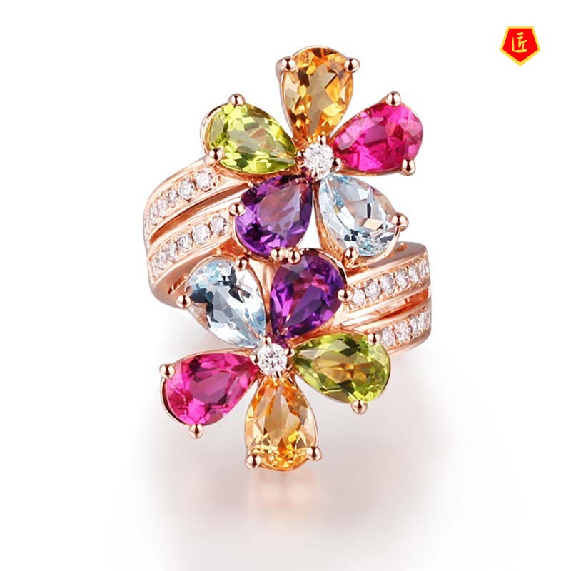 [Ready Stock]Colored Gems Flower Ring Japanese and Korean Fashion