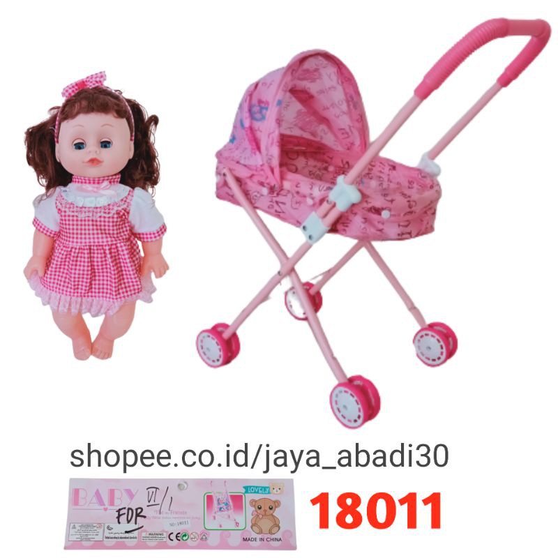 Mainan Stroller Boneka Bayi cewek Pink rangka logam besi Lebih Awet tahan Lama