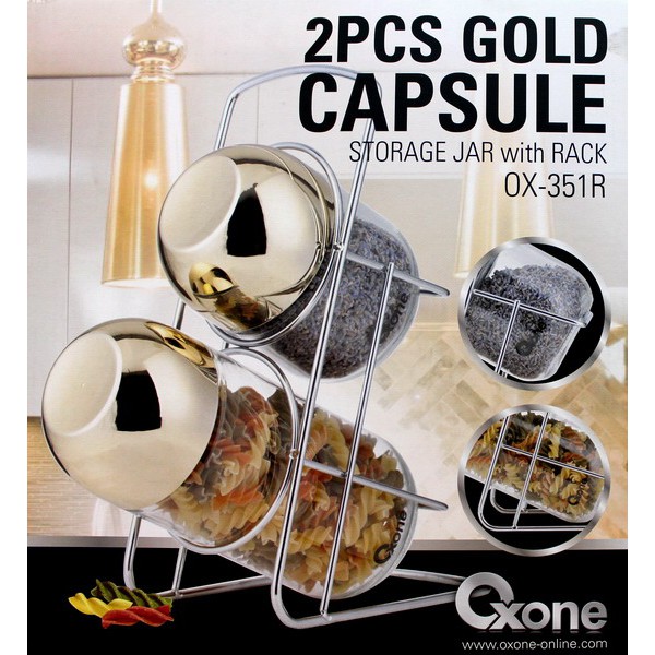 Oxone OX-351R 2Pcs Toples Serbagun Gold Capsule Storage Jar with Rack