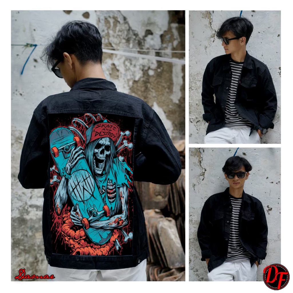 jaket jeans pria terbaru 2022 bergambar belakang doraemon hitam / jaket denim cowo keren/ jaket jeans printing cowo dewasa