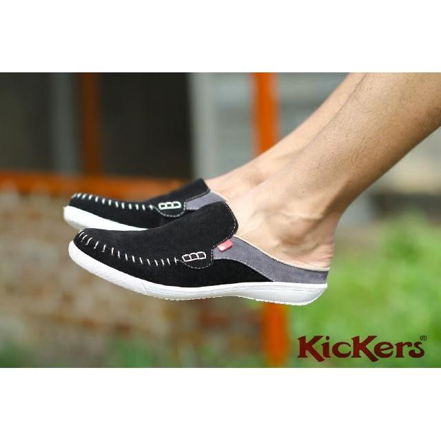 BAYAR DI TEMPAT Sandal Selop Bustong Slop Pria Kickers Stiching Suede Hitam Sepatu Fashion Shoes