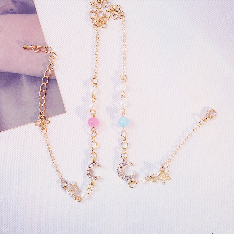 Gelang Rantai Tangan dengan Charm Bentuk Bulan, Beads Marmer untuk Wanita