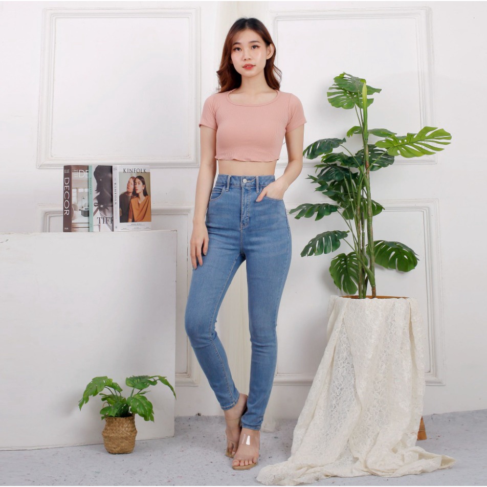 CAVALU Korean Crop Top Knit Crop Tee Unfinished Kaos Wanita Basic Tee 098