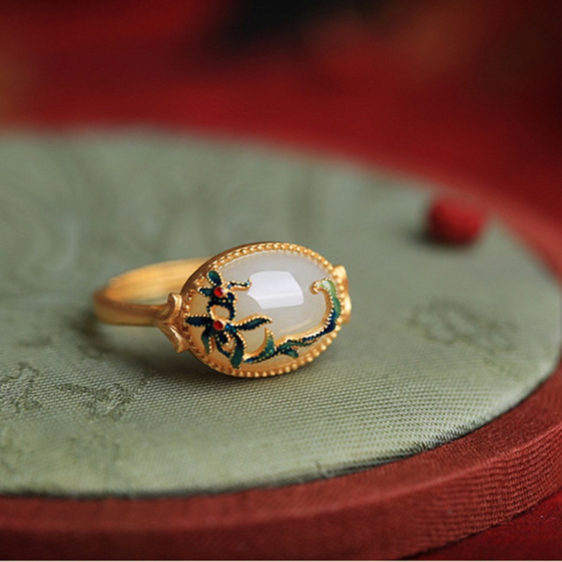 Cincin Sterling Silver S925 Model Terbuka Hias Batu Giok Hetian