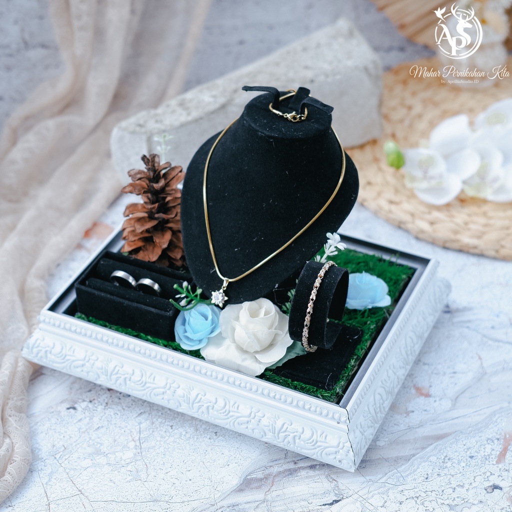 TEMPAT MAHAR PERHIASAN | KOTAK SESERAHAN PERHIASAN SET KOMPLIT | CINCIN GELANG KALUNG ANTING + TUTUP ACRYLIC Uk 22x17x19 cm Putih