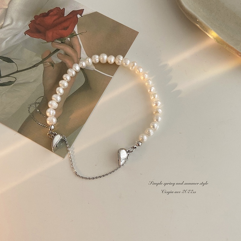AY(CN) Gelang Rantai Manik-Manik Mutiara Hati Magnetik Warna Silver Untuk Wanita