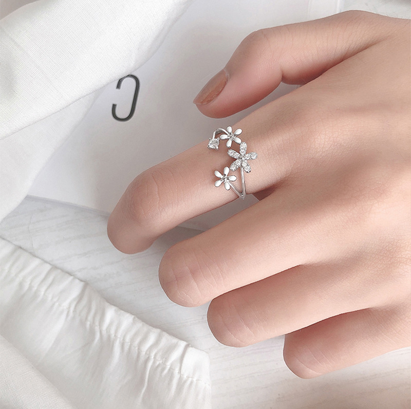 Korea Berlian Bunga Terbuka Cincin Manis Temperamen Jari Telunjuk Cincin Perhiasan Fashion Wanita Hadiah Perhiasan Permen