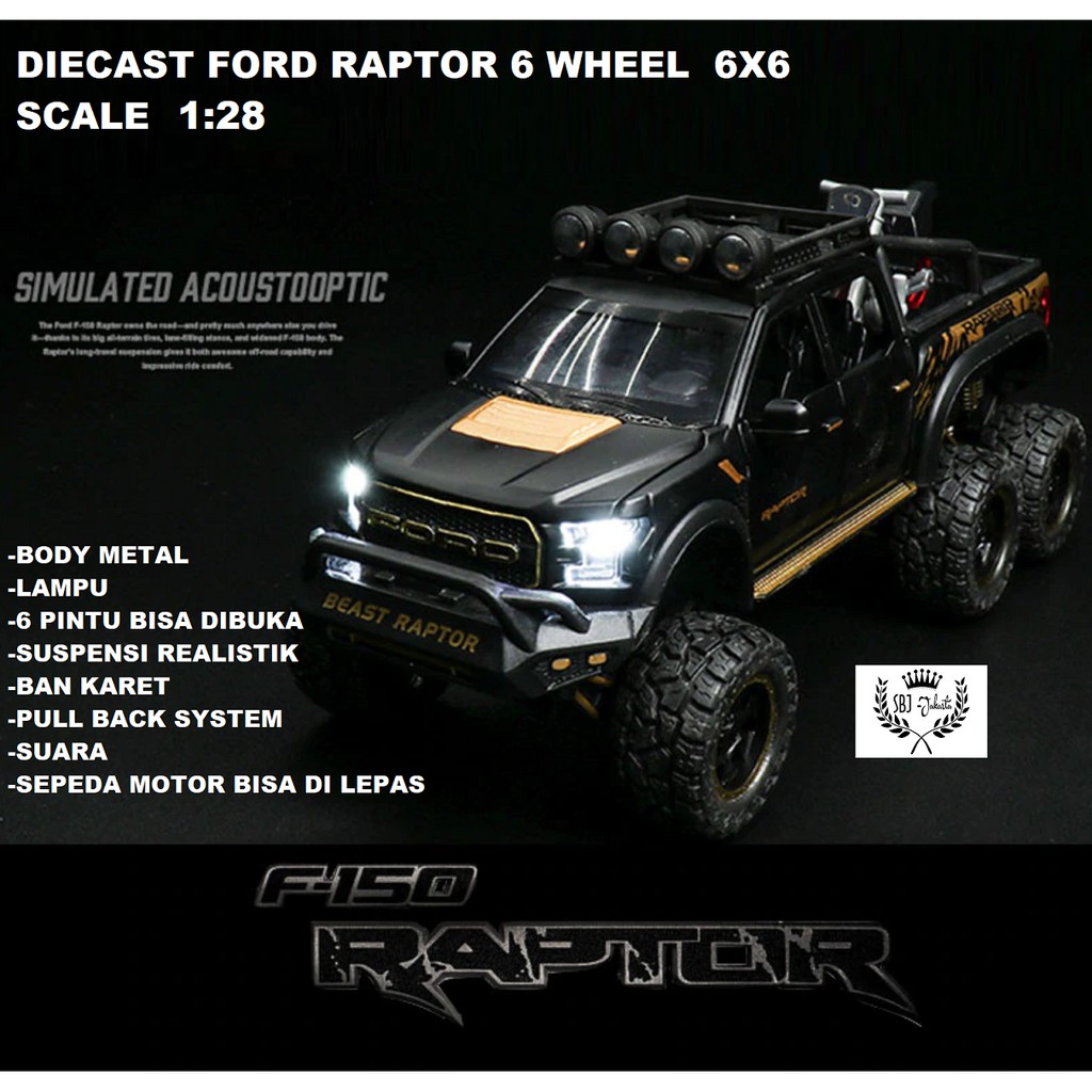 Diecast miniatur mobil Ford Raptor 6 Ban F150 6x6 Metal Series Skala 1:28