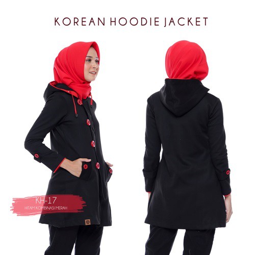 Jaket Muslimah Wanita Korea Hitam Kancing Merah KR 17