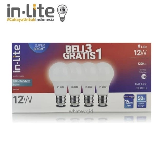 Inlite 12W Lampu Bohlam LED 12 Watt Super Terang Paket Beli 3 Gratis 1