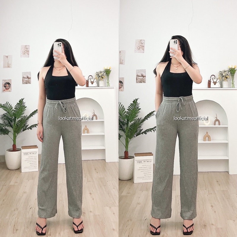 lookatmeofficial • Celana Kulot Highwaist Posh Knit Loose Pants Cullote Dengan Tali Serut