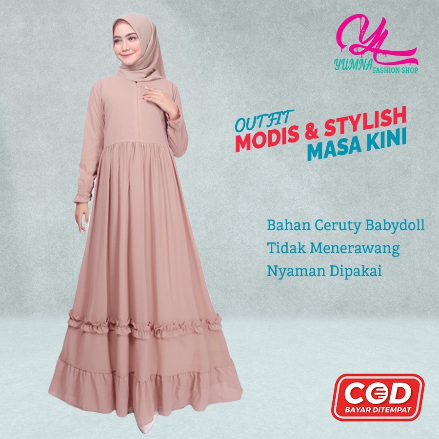 Dress Wanita Kekinian Casual Dress Polos Panjang Gamis Baby Doll Ceruty Syari Pakaian Muslim Wanita 