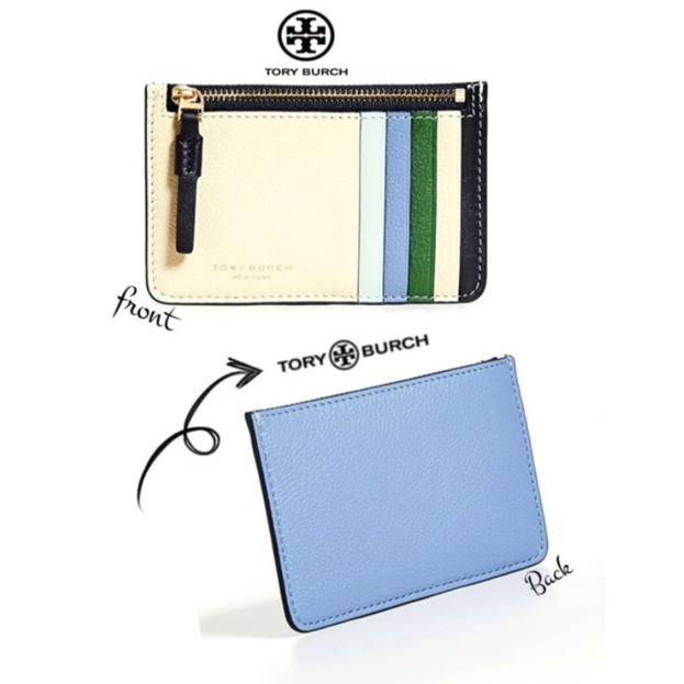 Tory Burch Zip Card Case Perry Color-Block Bluewood  Buttermilk