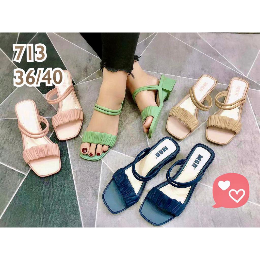 Sandal Slop Hak Wanita 2 Tali Kerut Simpel Cantik Mewah Import MGR Mokaya Morego BALANCE breslin  / SIze 36-40 (713)