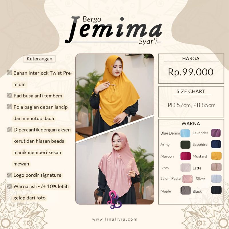 BERGO JEMIMA ORI BY LINALIVIA/LINALIVIA HIJAB BERGO SYARI