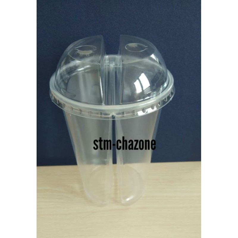 Gelas Plastik Twin Cup 16oZx2 : 32oZ dua sekat + tutup dome lid