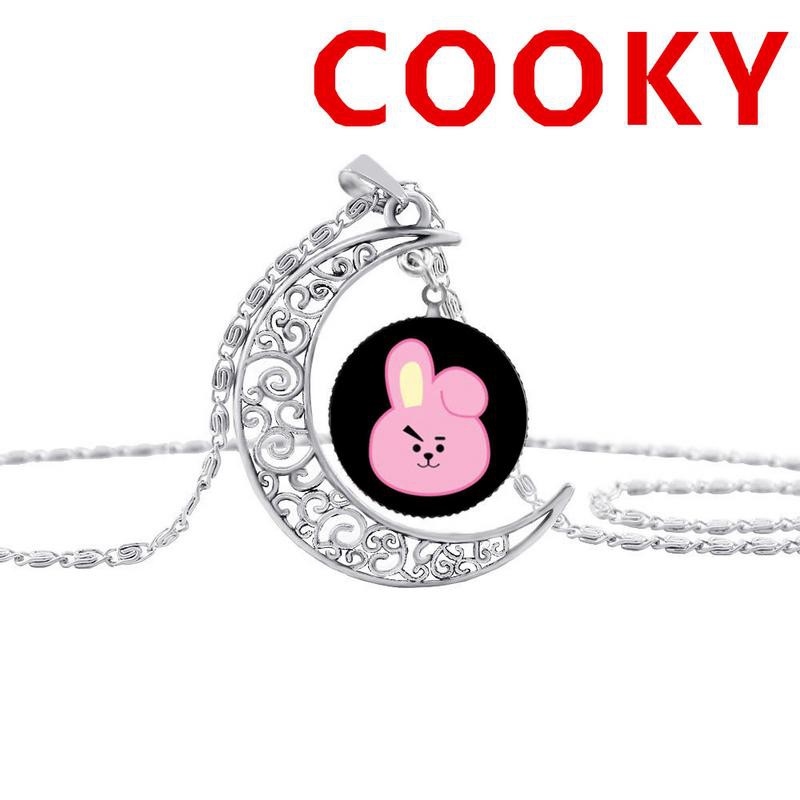 KPOP BTS BT21 Time Gemstone Necklace Silver Half Moon Pendant Chain Accessories