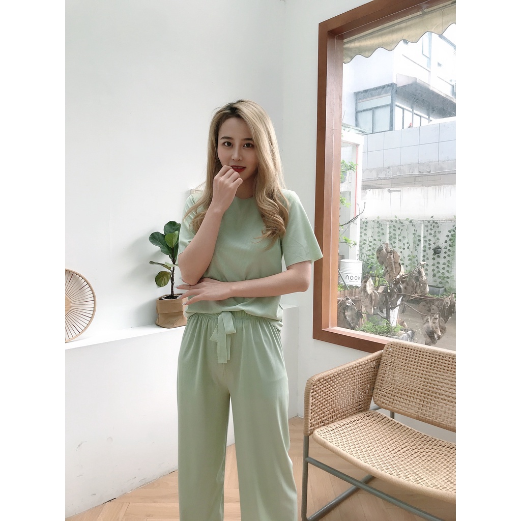 Piyama Baju Tidur Import Sleepwear Lengan Pendek Celana Panjang Polos Stelan Rumah Oversize Ice Silk-8