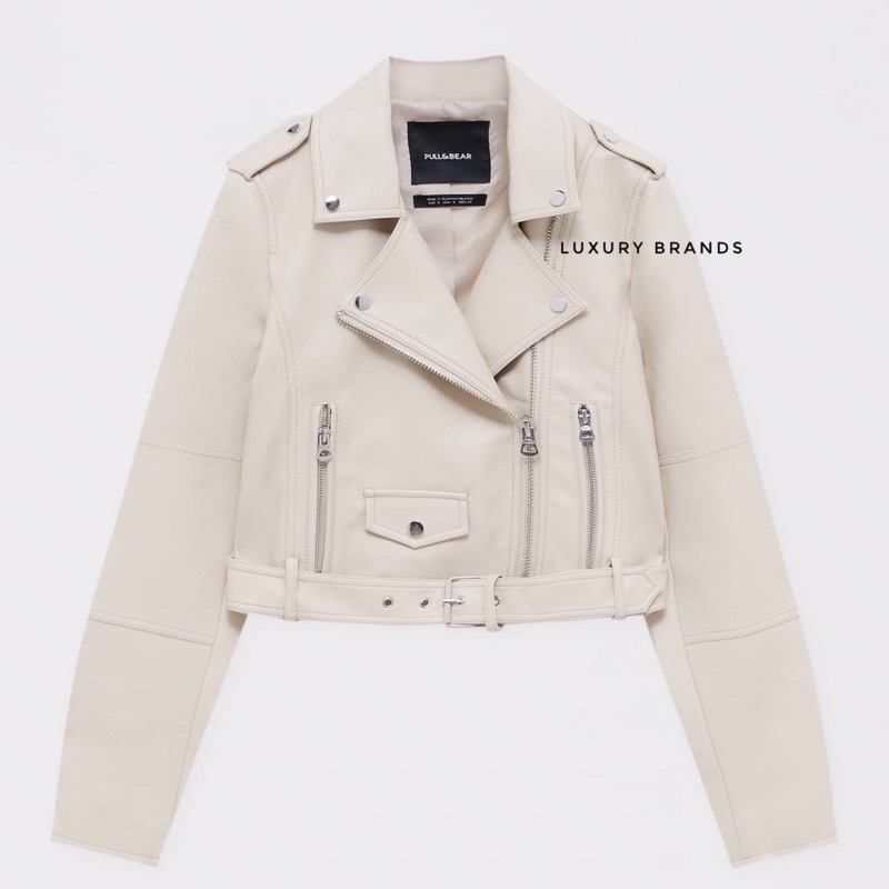 Jaket Kulit PULL AND BEAR Leather Biker Off White Original