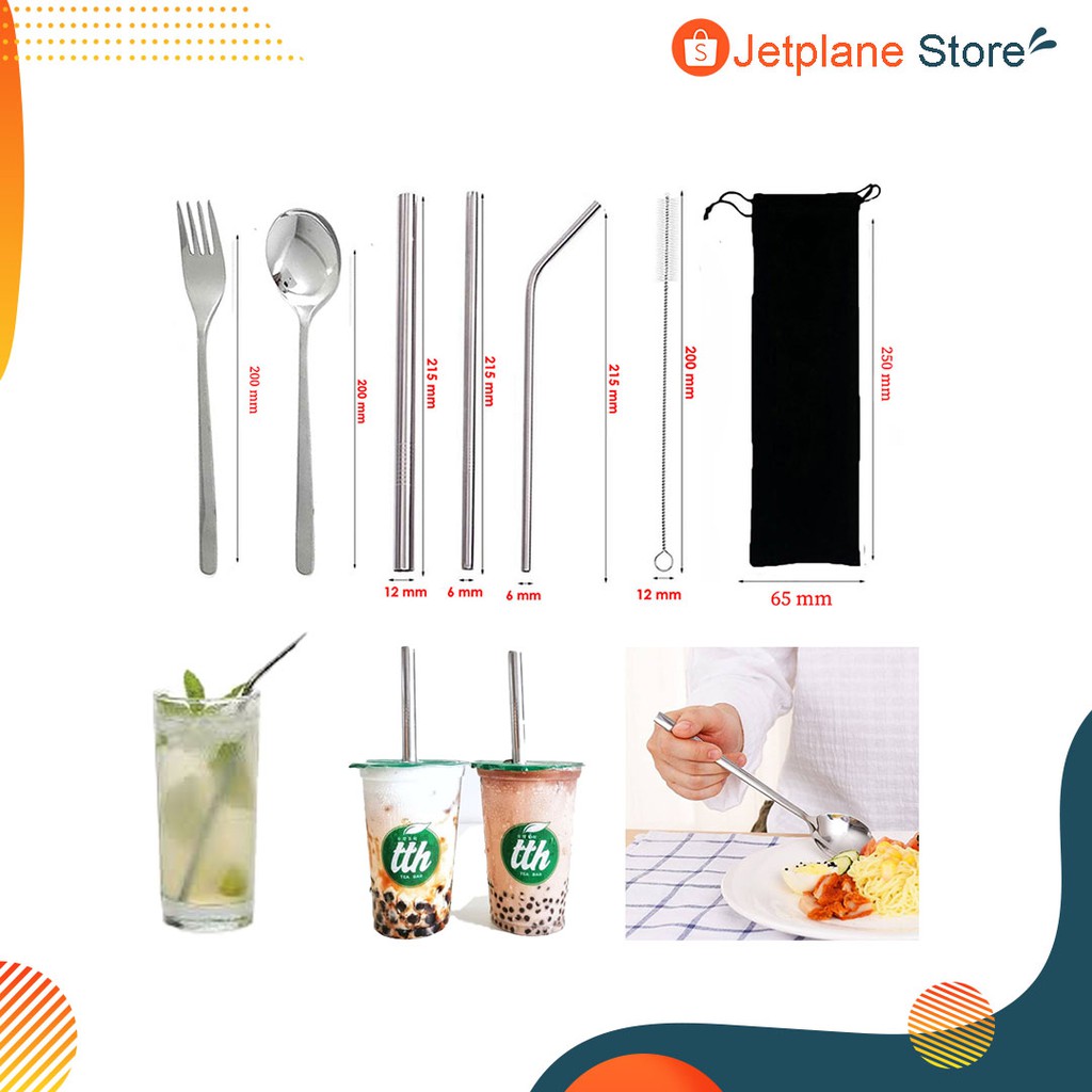 Cutlery Set Sedotan Stainless Garpu Sendok Korean Style Food Drink Free Pouch