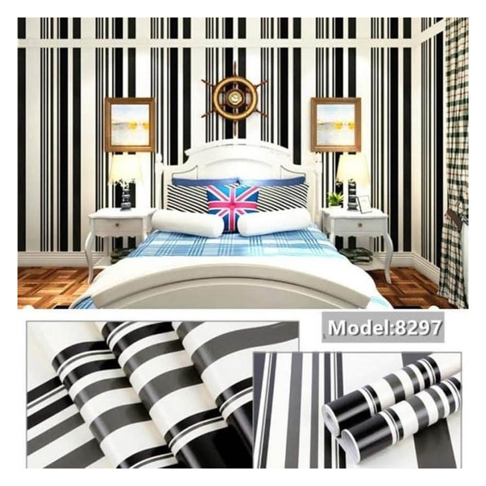 (COD) Gudang Wallpaper Sticker Dinding kamar Anti Air Murah Dan Terbaik Motif Garis Hitam Bahan PVC Premium (SUDAH ADA LEM)