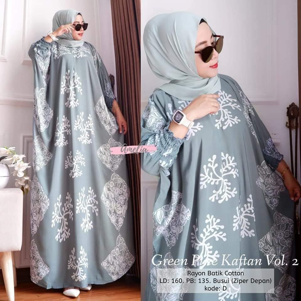 Green Pine Kaftan Wanita Jumbo Rayon Premium Gamis Dress Kaftan Batik Kekininan Bigsize LD 150 cm