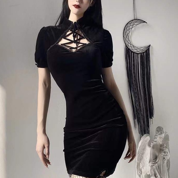 [Goth] Velvet Bodycon Mini Dress 8534 (S/M/L)