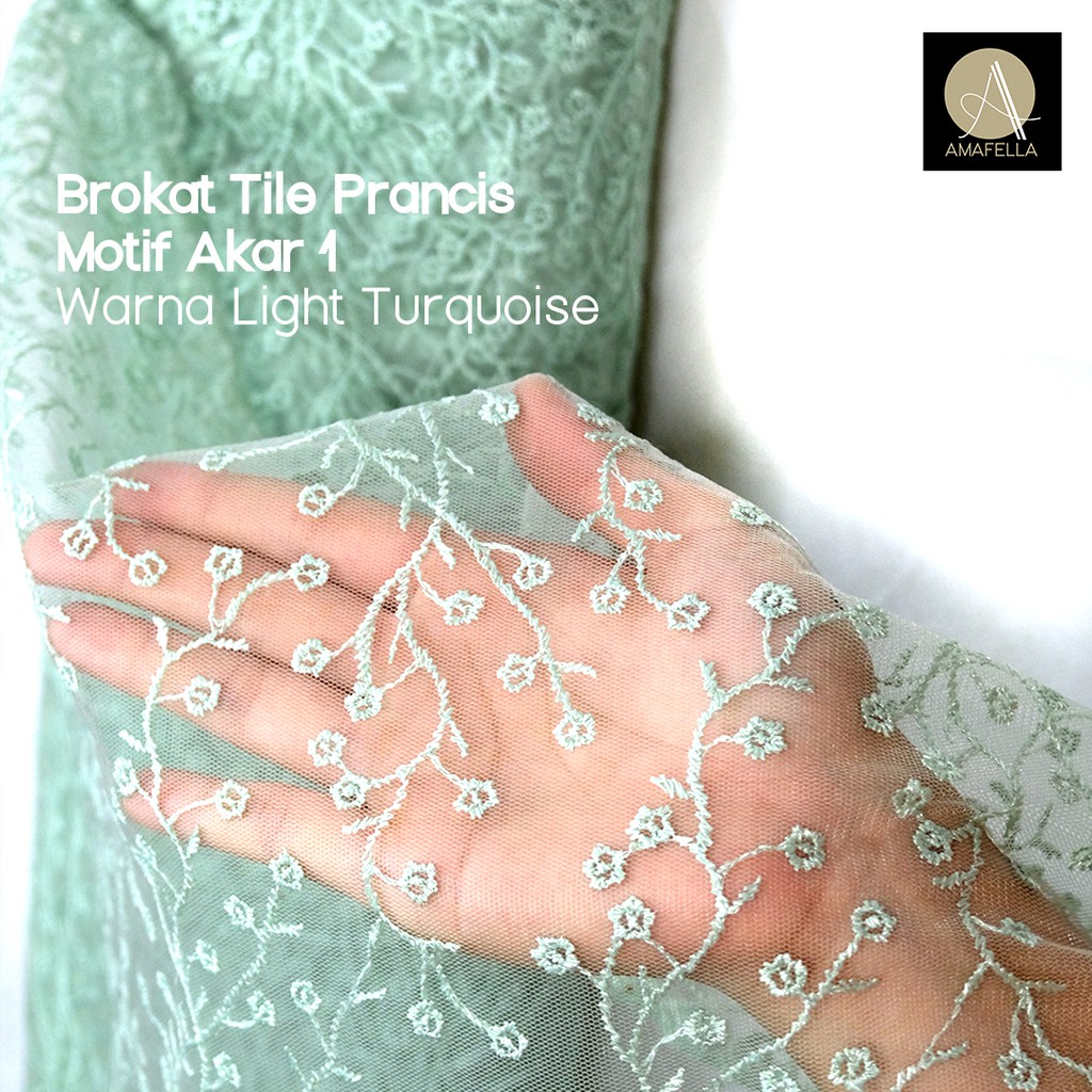 1/2 meter Kain Brokat Brukat Tile Prancis Bahan Kebaya Motif Akar Warna Light Turquoise / Mint