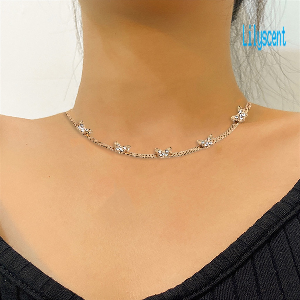 Kalung Choker Liontin Kupu-Kupu Aksen Berlian Imitasi Warna Solid Untuk Wanita