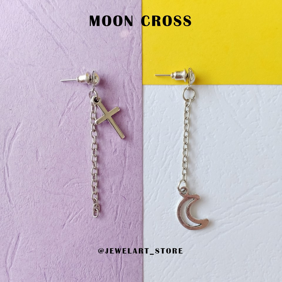 Anting Unisex MOON CROSS Dengan Beads Salib dan Bulan Sabit