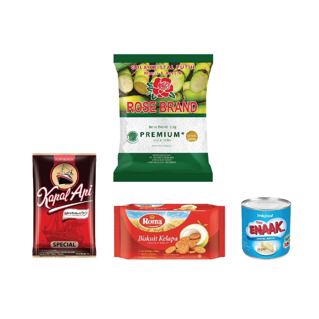 

Paket Ngopi Nikmat - Kopi Kapal Api Special Merah Pure 165 Gr Pouch SKM Indomilk Putih 370 Gr, Gula Pasir Rose Brand 1 Kg, dan Roma Kelapa Biscuit 300 Gr Gratis Ongkir